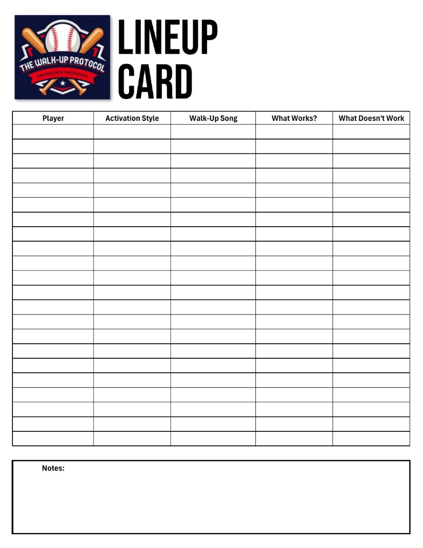 Preview of the printable Walk-Up Protocol Lineup Card